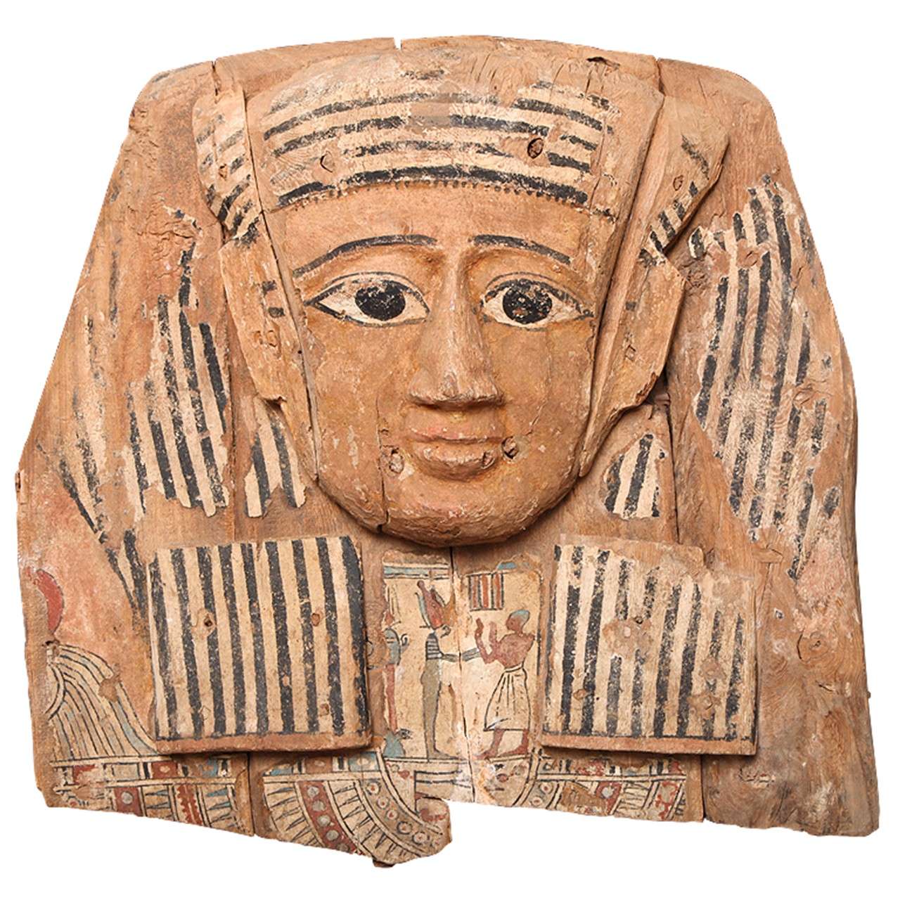 Large Egyptian Wood Carved and Painted Sarcophagus Mask    For Sale