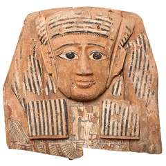 Large Egyptian Wood Carved and Painted Sarcophagus Mask   