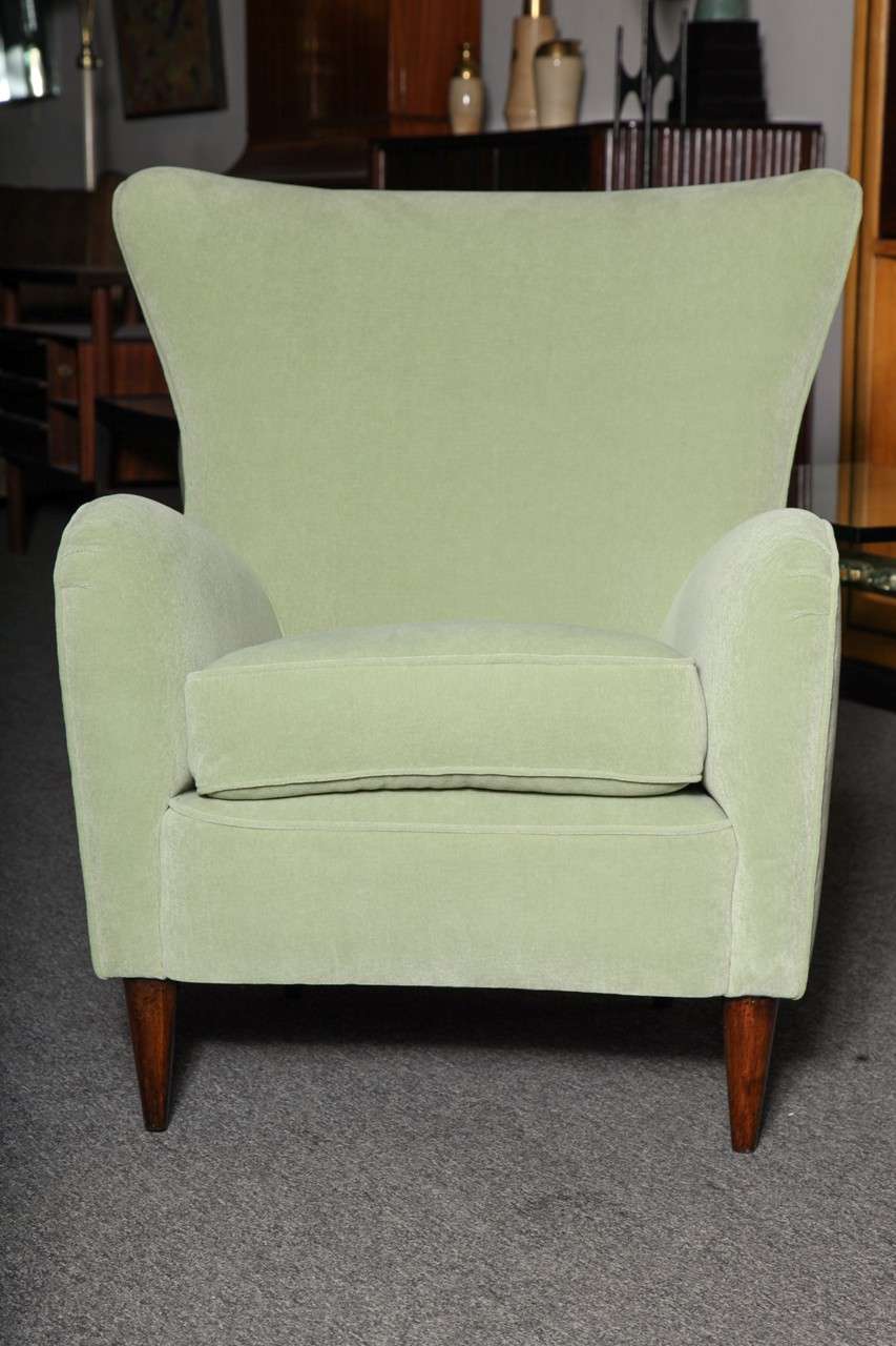 PR OF ELEGANT WING BACK ARM CHAIRS MADE IN MILAN 1940'S DESIGNED BY PAOLO BUFFA IN A BEAUTIFUL SEA FOAM  GREEN FABRIC. WONDERFUL FORM AND VERY COMFORTABLE .