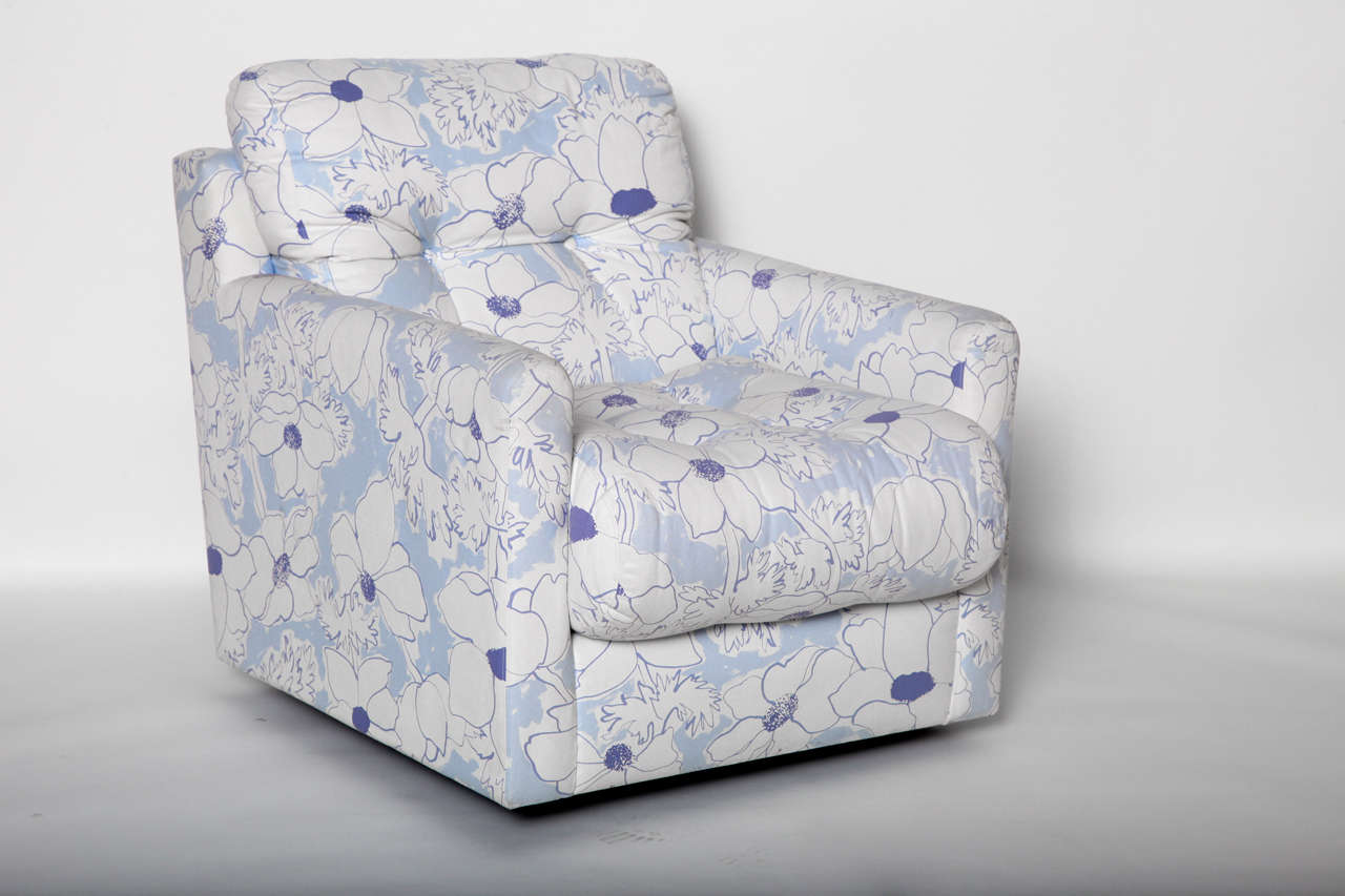 Modern Blue and White Floral Upholstered Armchair For Sale