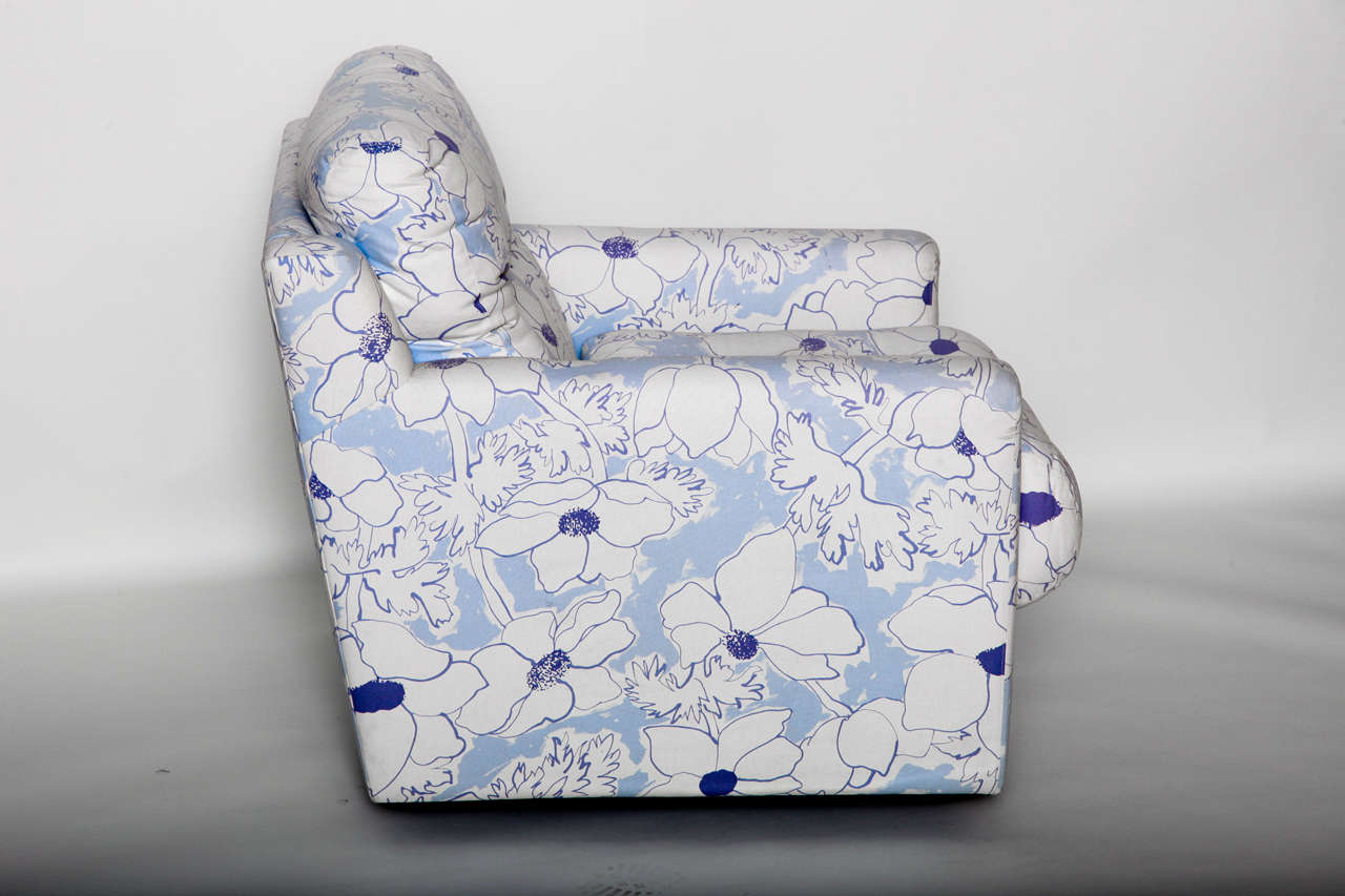 American Blue and White Floral Upholstered Armchair For Sale