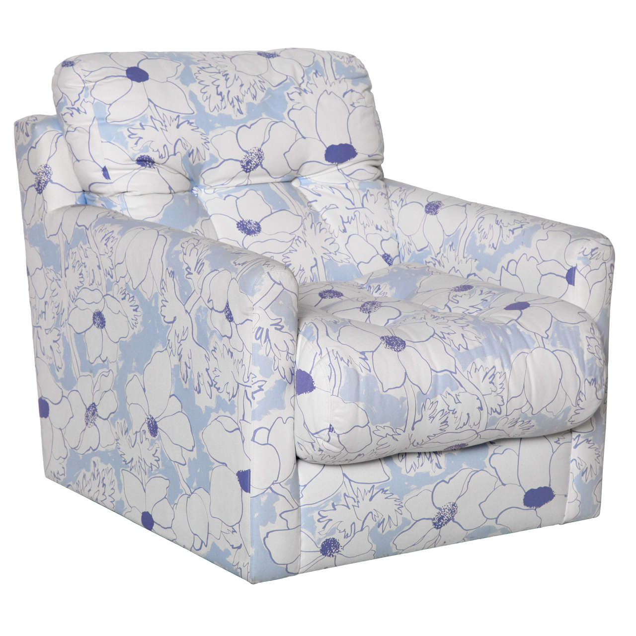 Blue and White Floral Upholstered Armchair For Sale