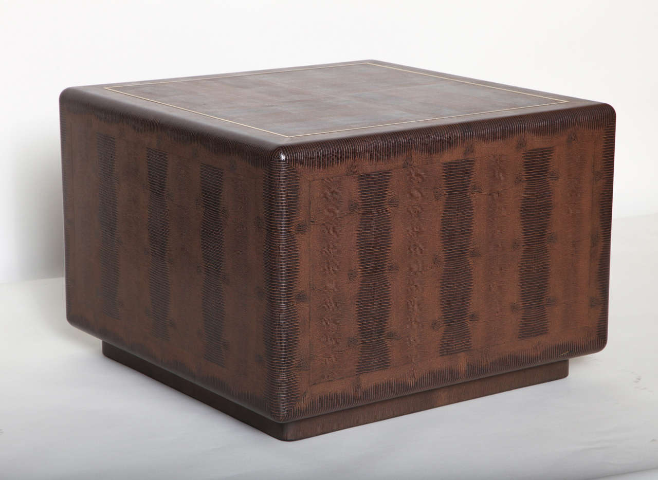 Modern Pair of Karl Springer Brown Embossed Leather Side or End Tables For Sale