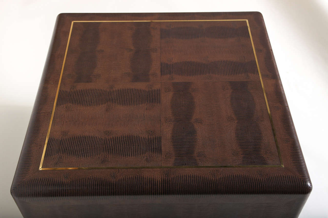 Brass Pair of Karl Springer Brown Embossed Leather Side or End Tables For Sale