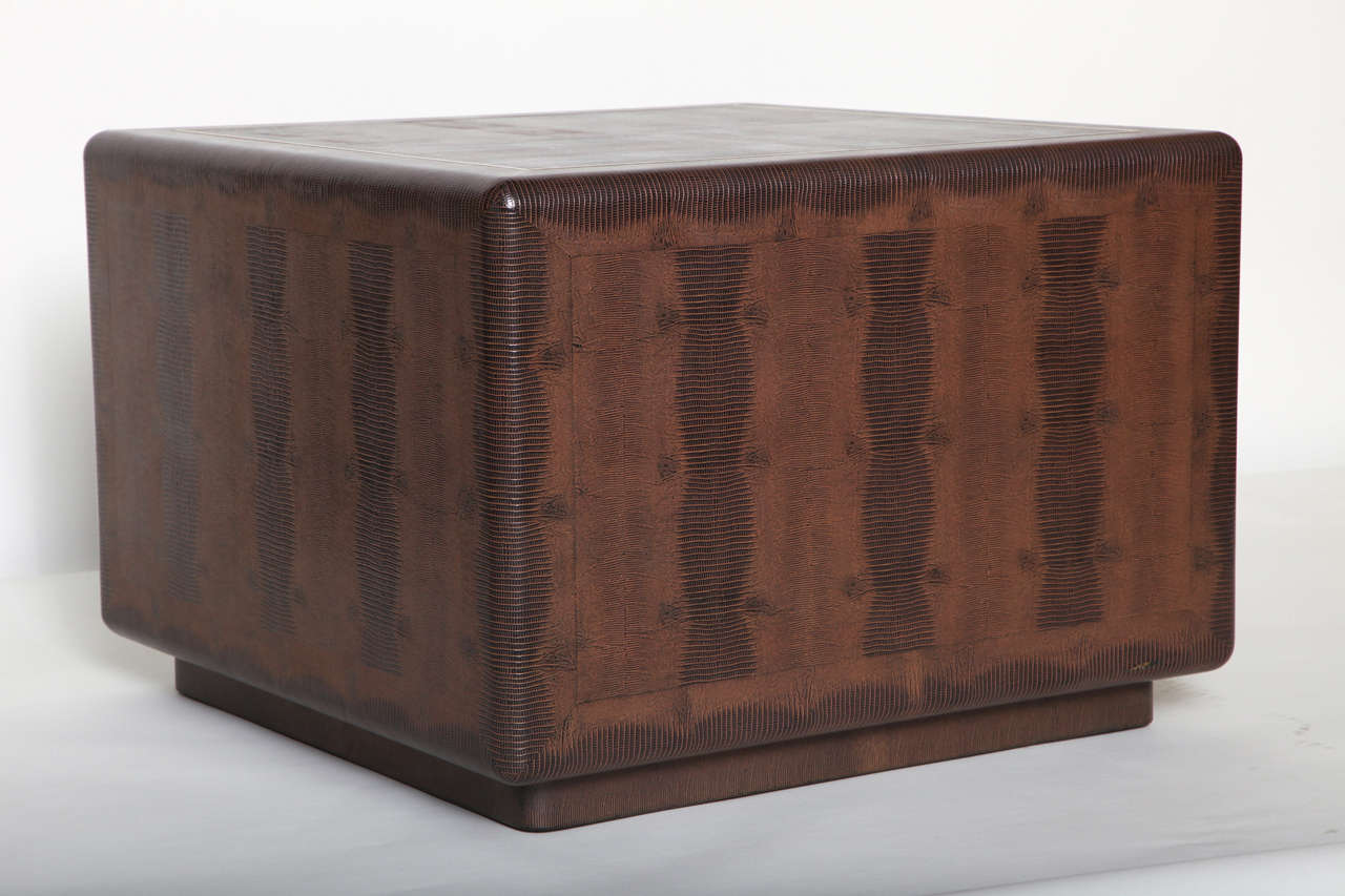 Pair of Karl Springer Brown Embossed Leather Side or End Tables For Sale 2