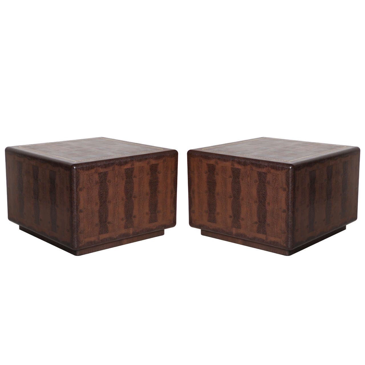 Pair of Karl Springer Brown Embossed Leather Side or End Tables For Sale