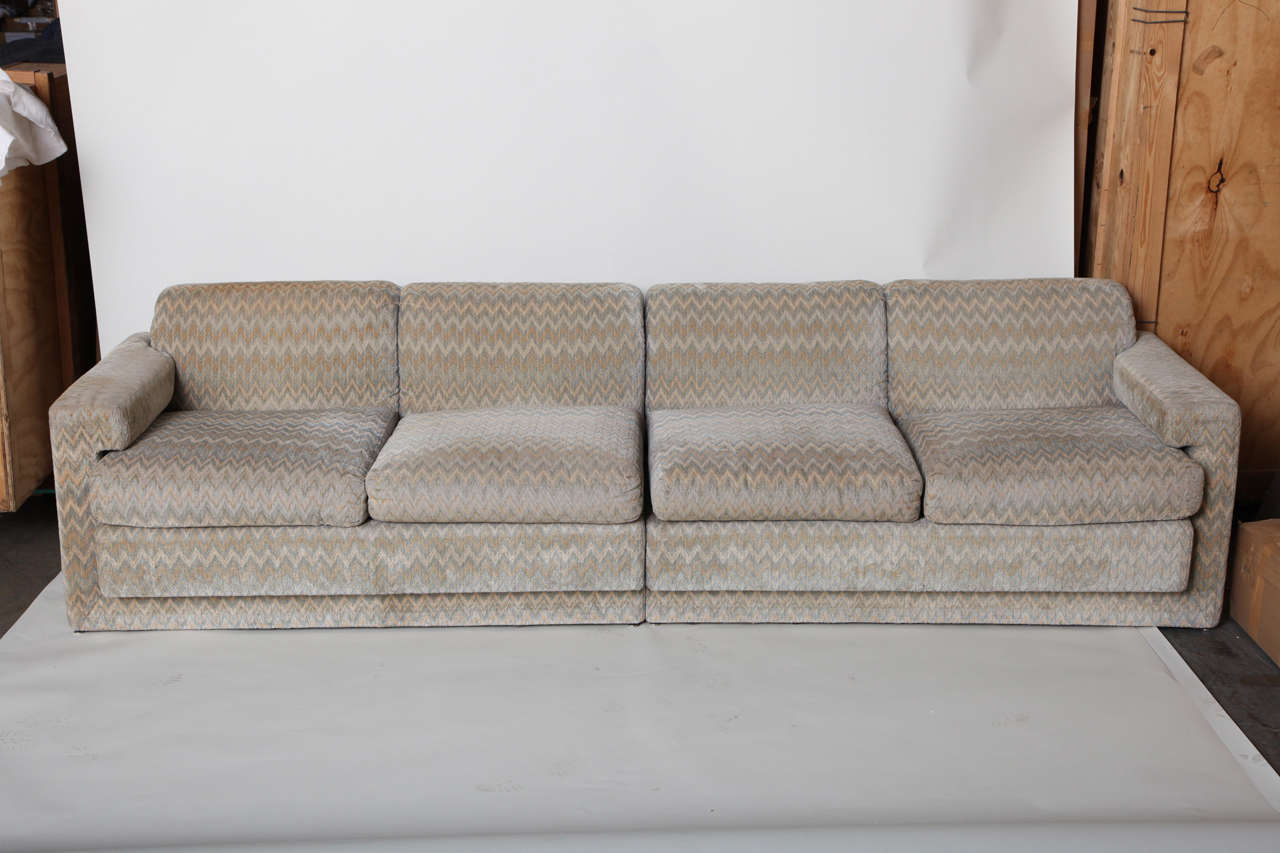 Modern Four Cushion Sofa Designed by Angelo Donghia Covered in Original Beige, Ivory and Blue Missoni Fabric.