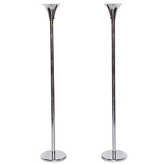 Vintage Pair of 1970s Chrome and Brass Torchère Floor Lamps