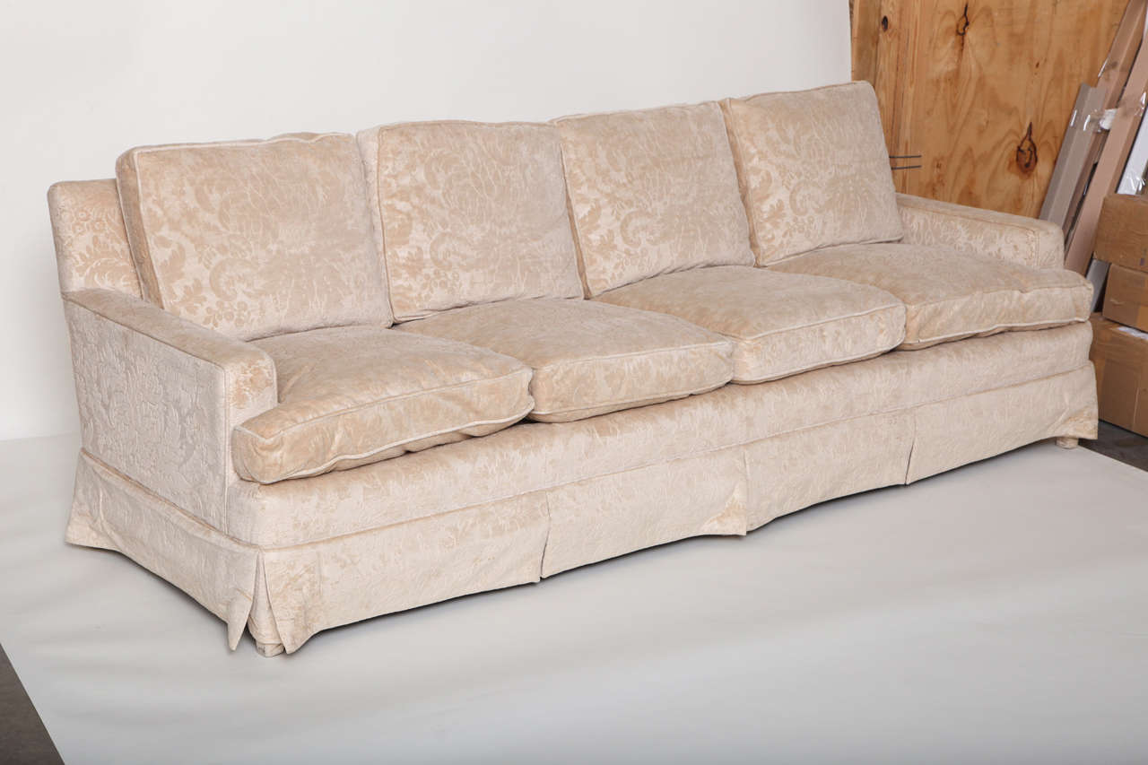 Four-seat 1960s sofa upholstered in ivory / beige original floral sculptured velvet.