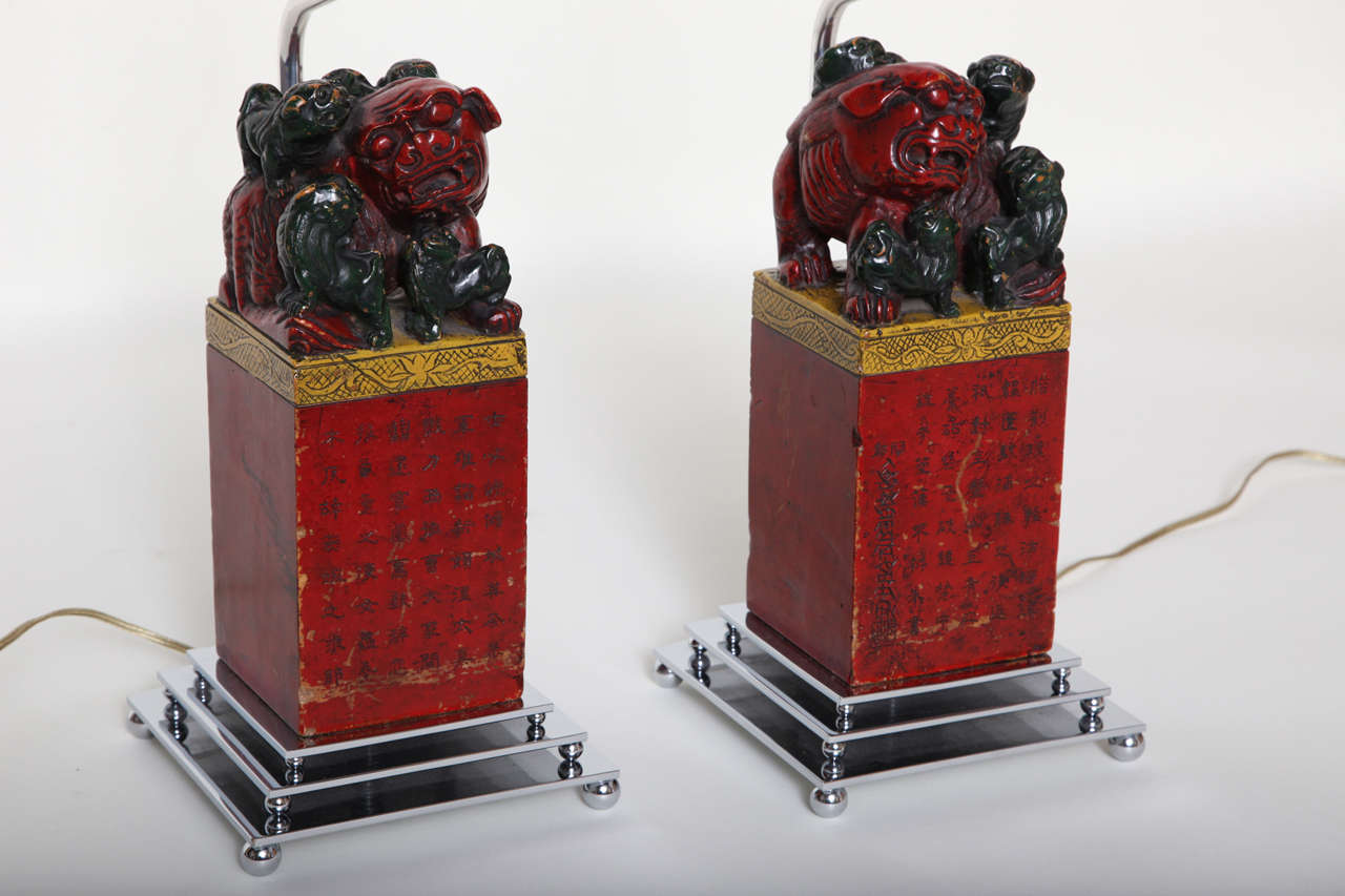 Chinese Pair of Carved Foo Dog Lamps For Sale