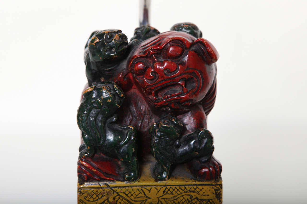 Wood Pair of Carved Foo Dog Lamps For Sale