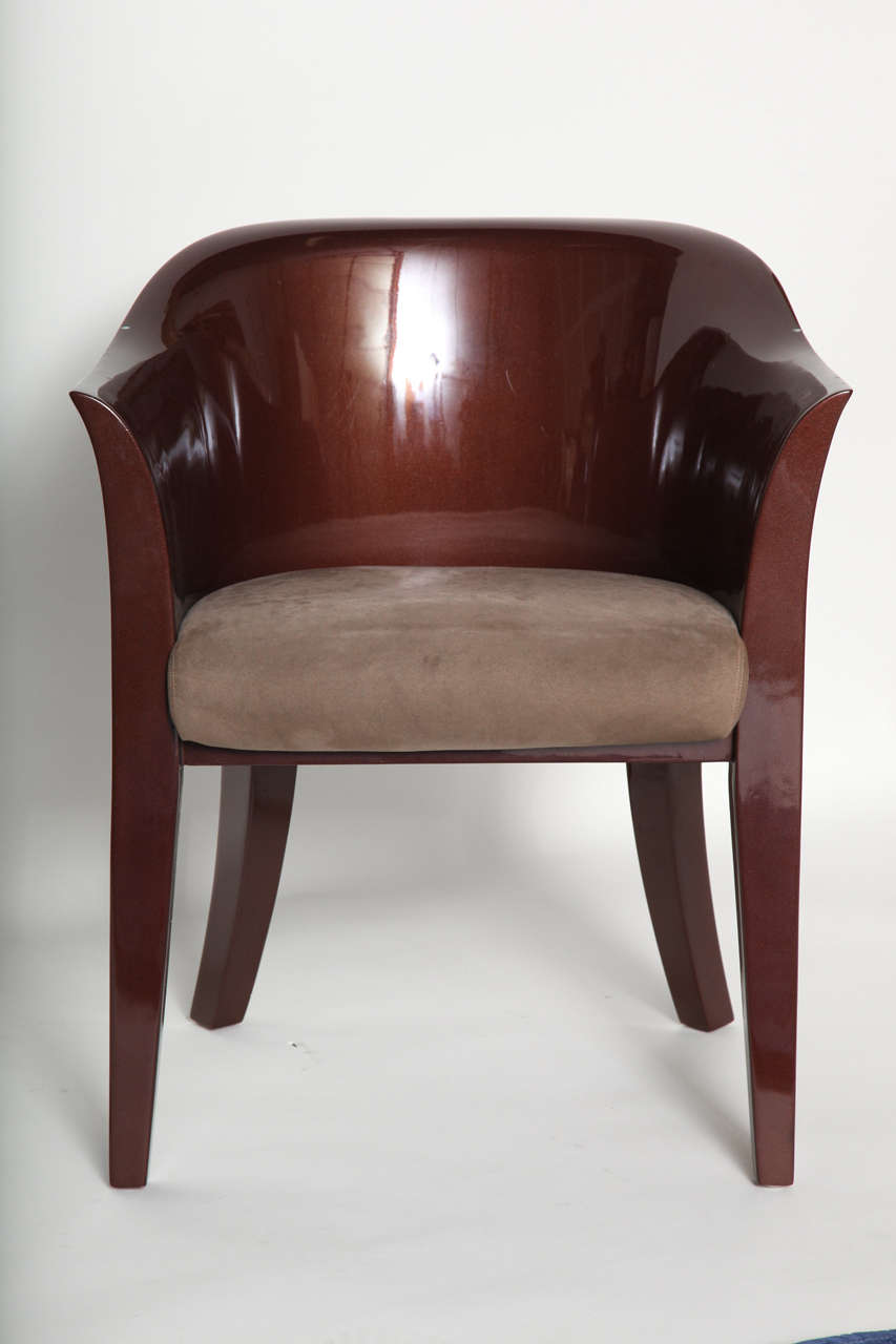 Set of six 1983 JMF armchairs by Karl Springer with brown ultra-sued upholstered seats and painted in metallic lacquer. Four in burgundy and two in blue. Will consider selling in sets of two.