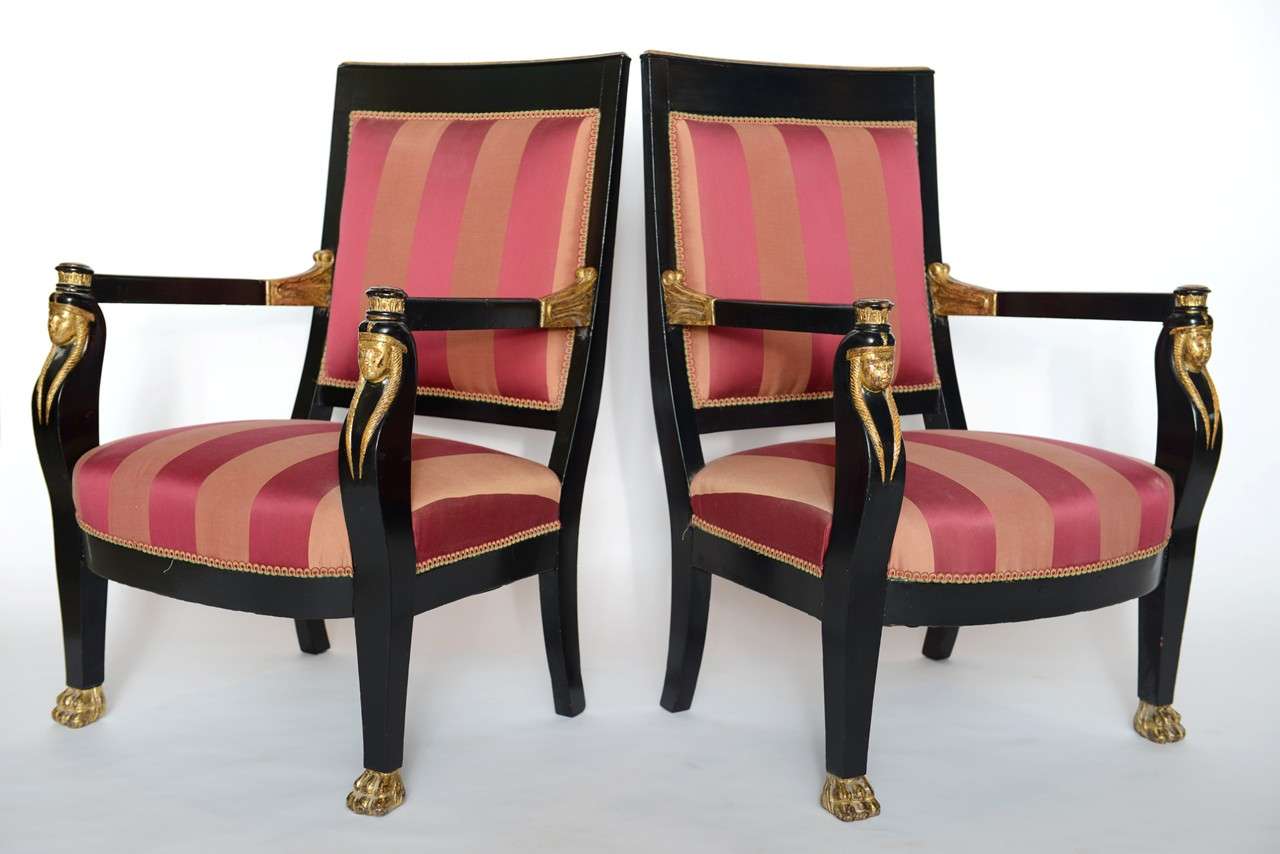 18th Century and Earlier Pair of Italian Neoclassic Ebonized and Parcel-Gilt Armchairs For Sale