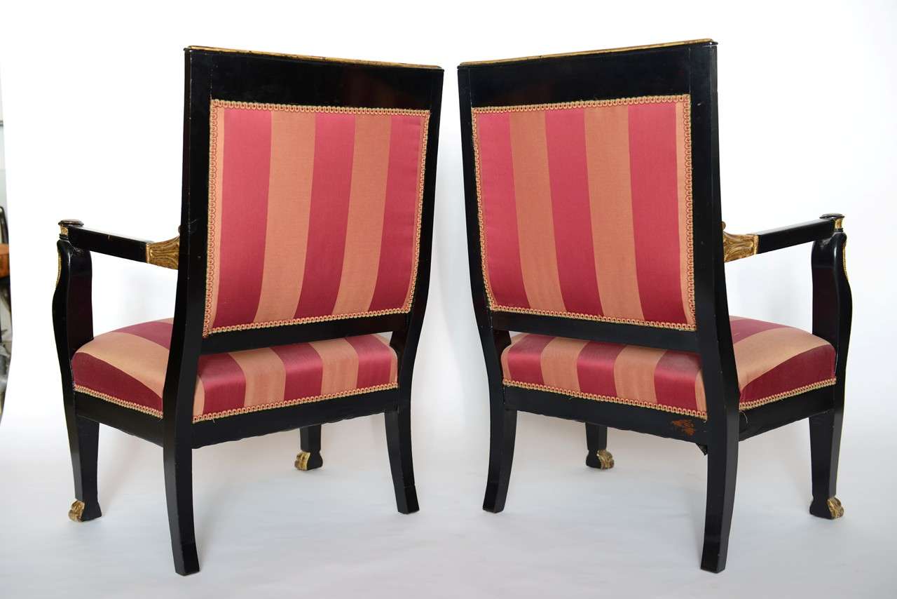 Pair of Italian Neoclassic Ebonized and Parcel-Gilt Armchairs For Sale 1