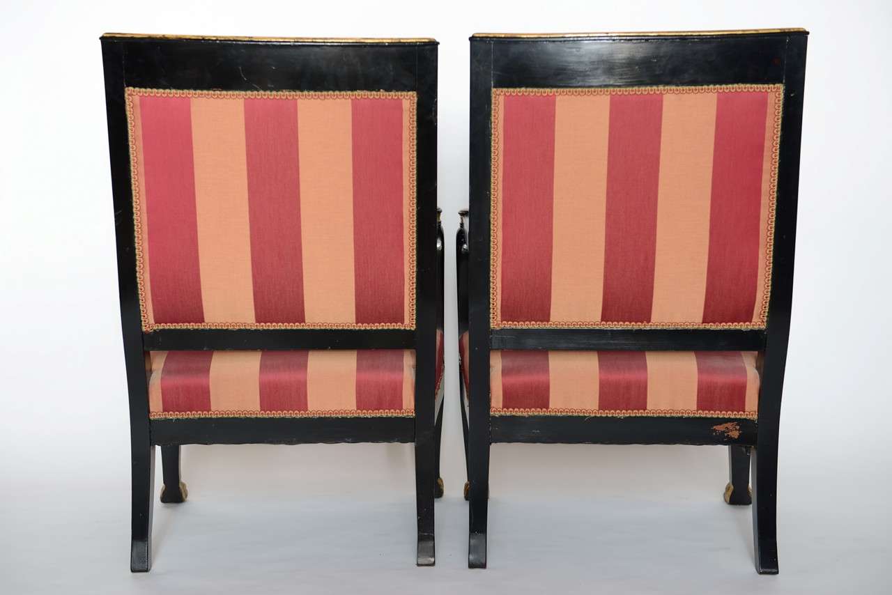Pair of Italian Neoclassic Ebonized and Parcel-Gilt Armchairs For Sale 2
