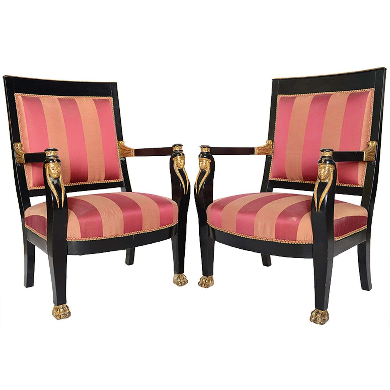 Pair of Italian Neoclassic Ebonized and Parcel-Gilt Armchairs For Sale