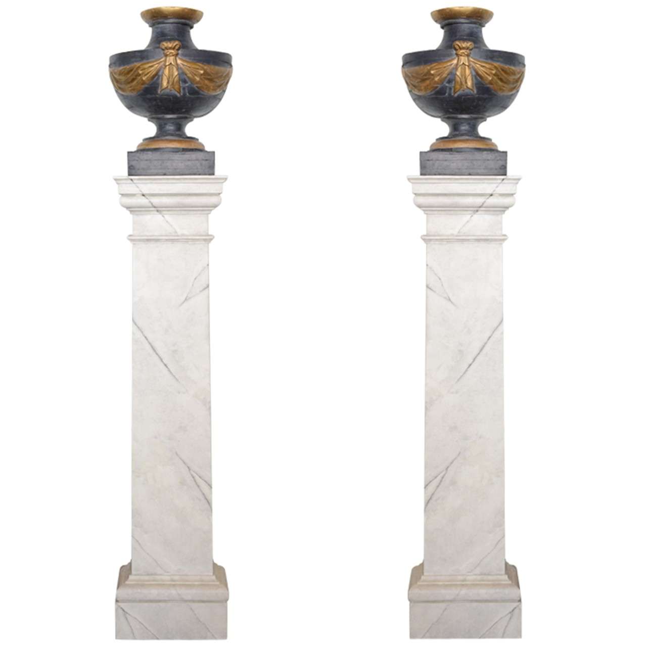 Pair of Italian Neoclassic Painted and Parcel-Gilt Urns on Pedestals