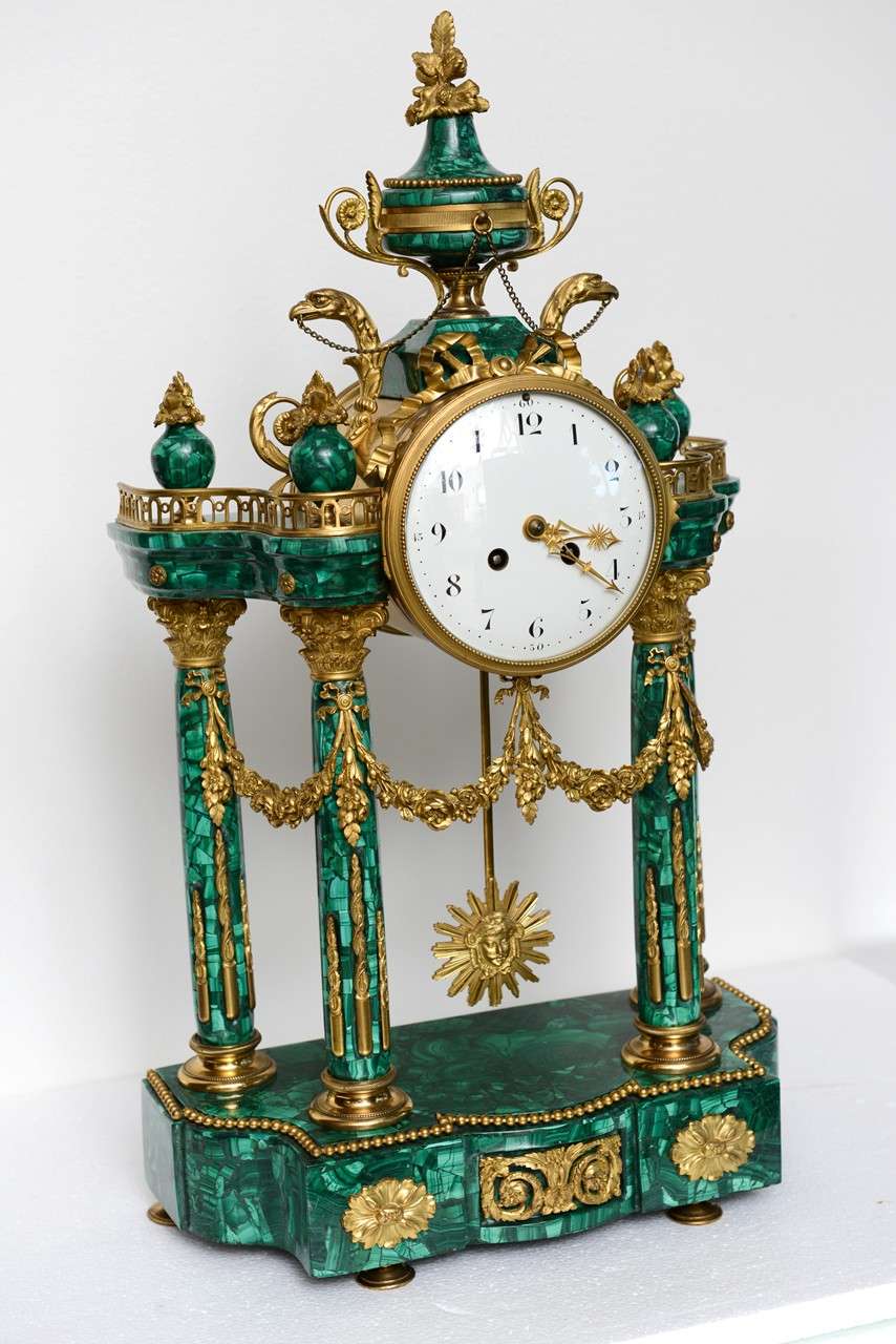 French Important Neo-Classical Malachite and Ormolu Mantel Clock, 19th Century