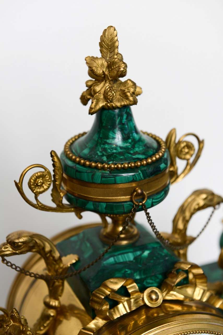 Important Neo-Classical Malachite and Ormolu Mantel Clock, 19th Century In Good Condition In West Palm Beach, FL