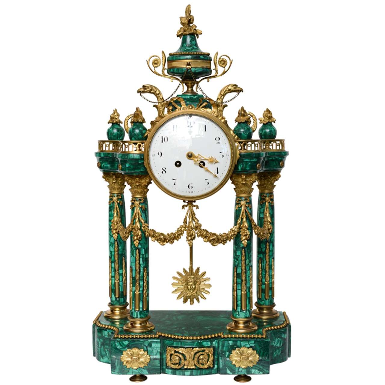 Important Neo-Classical Malachite and Ormolu Mantel Clock, 19th Century