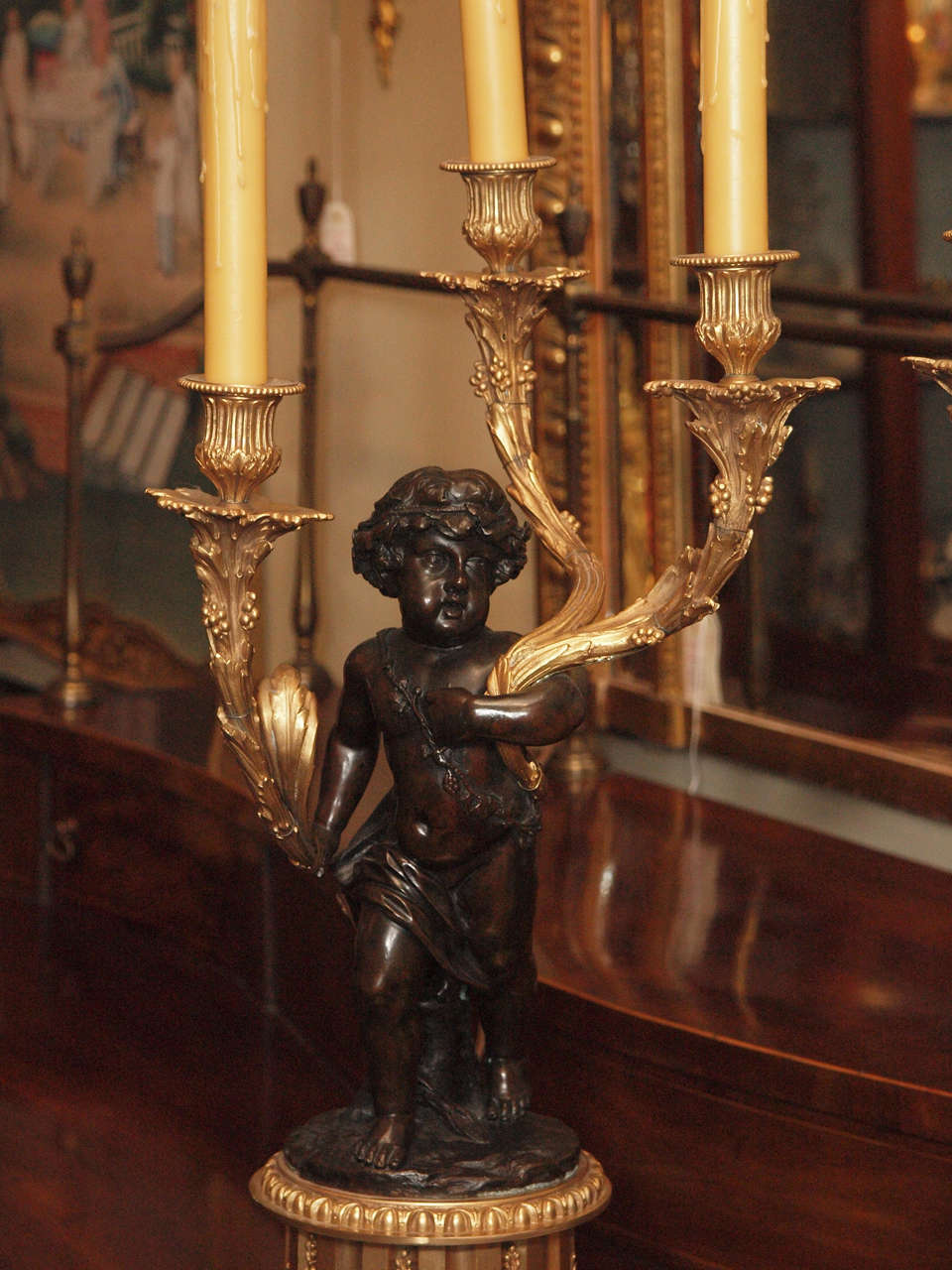 Patinated Pair Antique French 19th Century Bronze Candelabra on Marble Bases