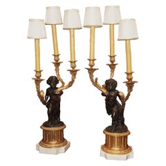 Pair Antique French 19th Century Bronze Candelabra on Marble Bases