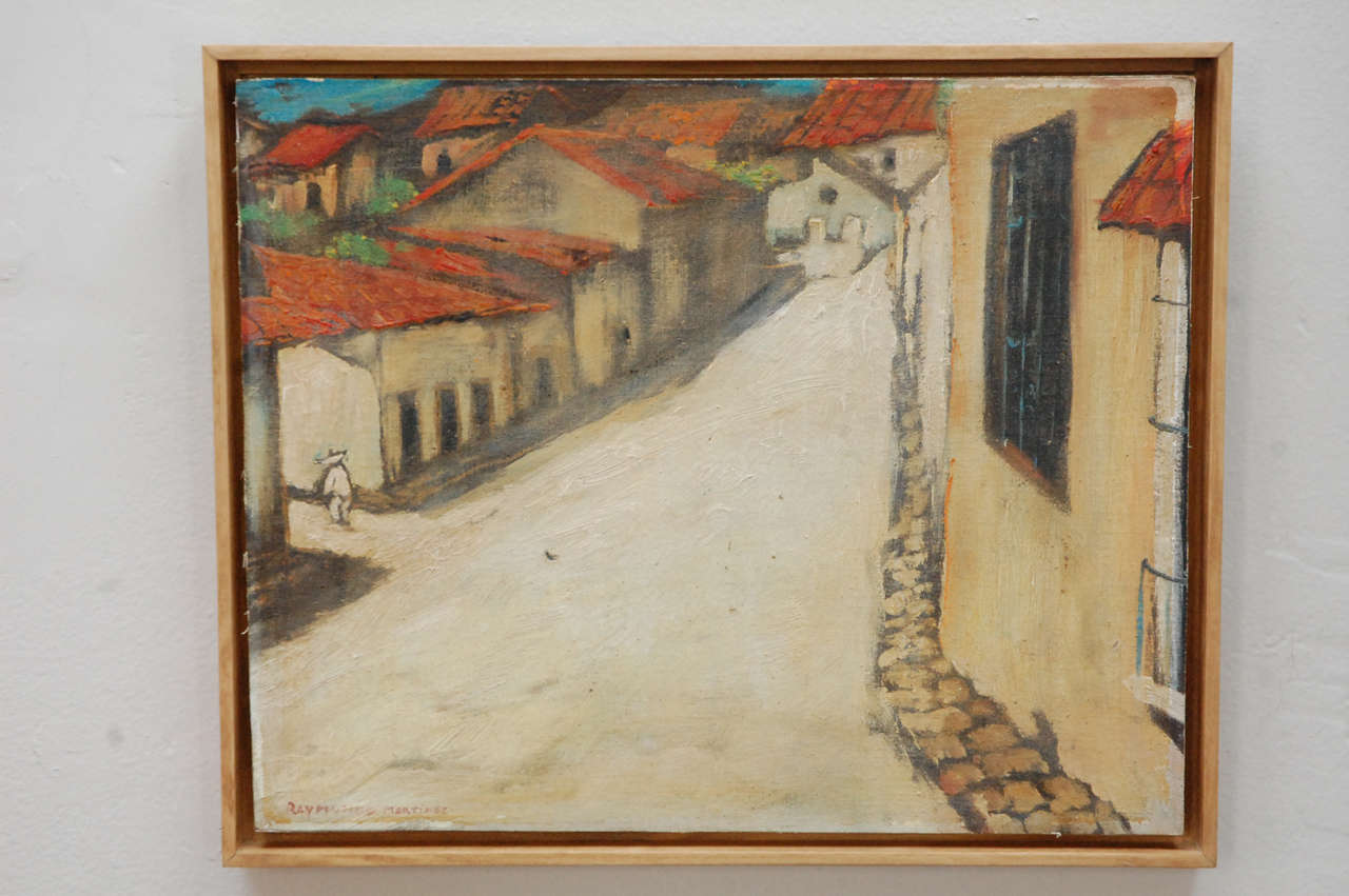 Vintage painting. Scene of a Mexican village. Signed Raymundo Martinez. Oil on Board.