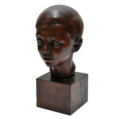 Art Deco Carved Oak Head of a Child by Helene Sardeau (1899-1968)