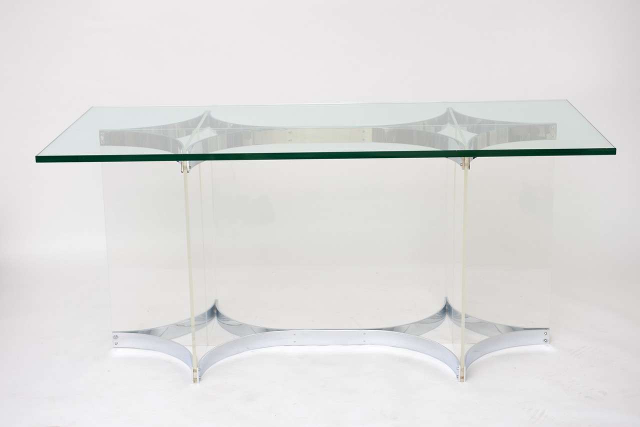 Near-mint condition 70's desk by Alessandro Albrizzi. The lucite and chrome bases could easily support a dining table-sized top. 