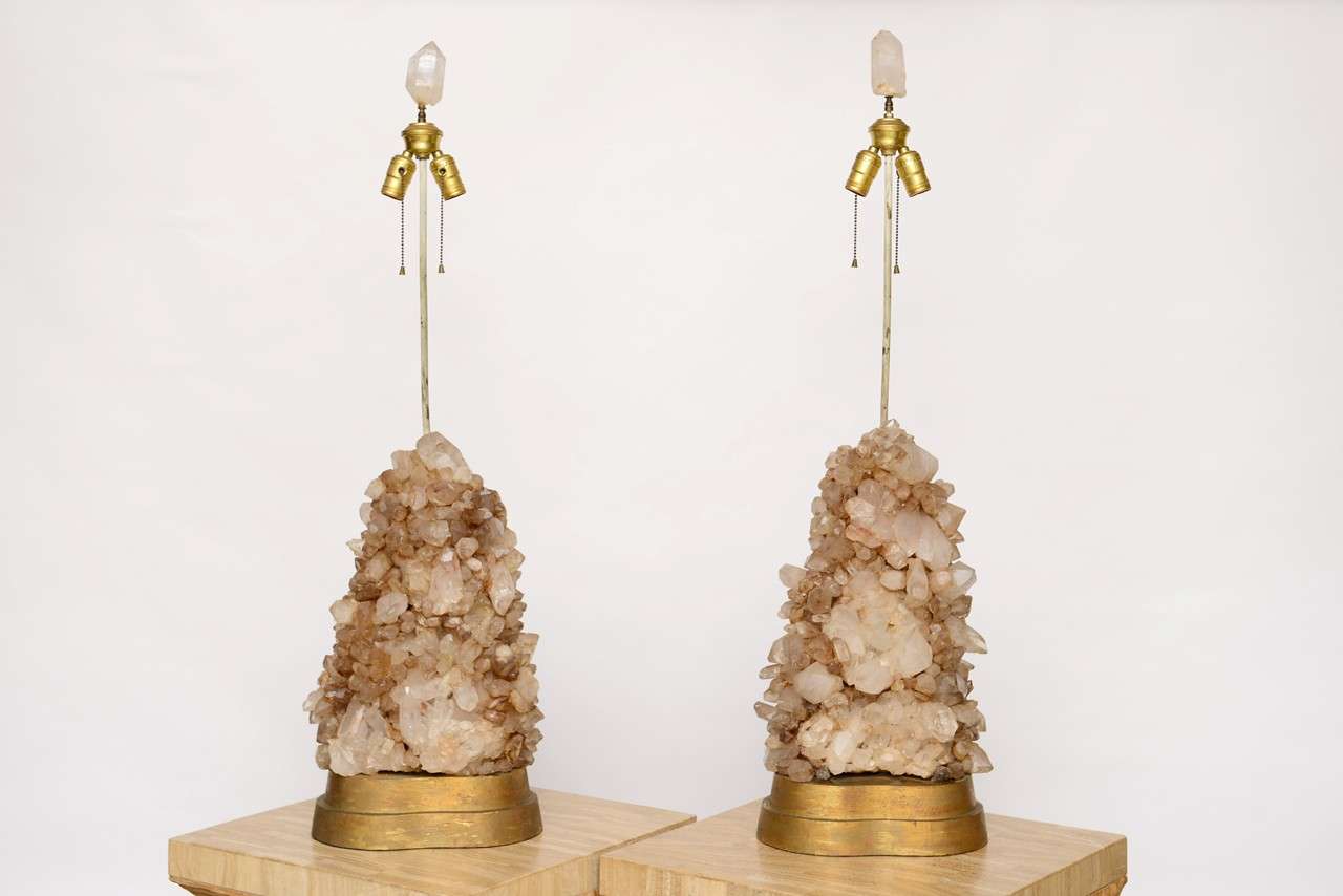 Magnificent, towering pair of rock crystal lamps by Carole Stupell. (Shades not included.)