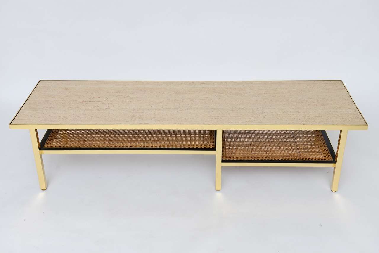 American Brass, Travertine, and Rattan Coffee Table by Harvey Probber