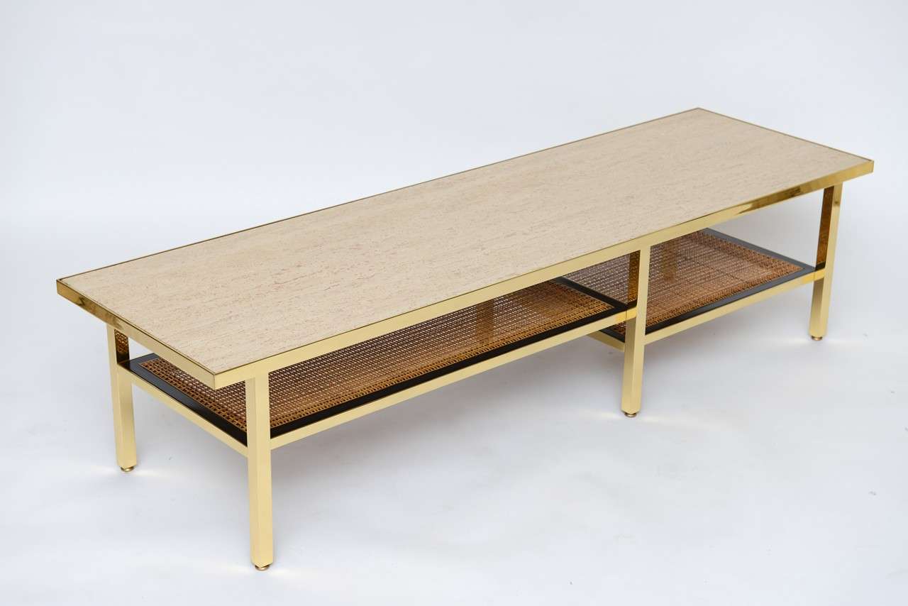 Brass, Travertine, and Rattan Coffee Table by Harvey Probber In Excellent Condition In North Miami, FL