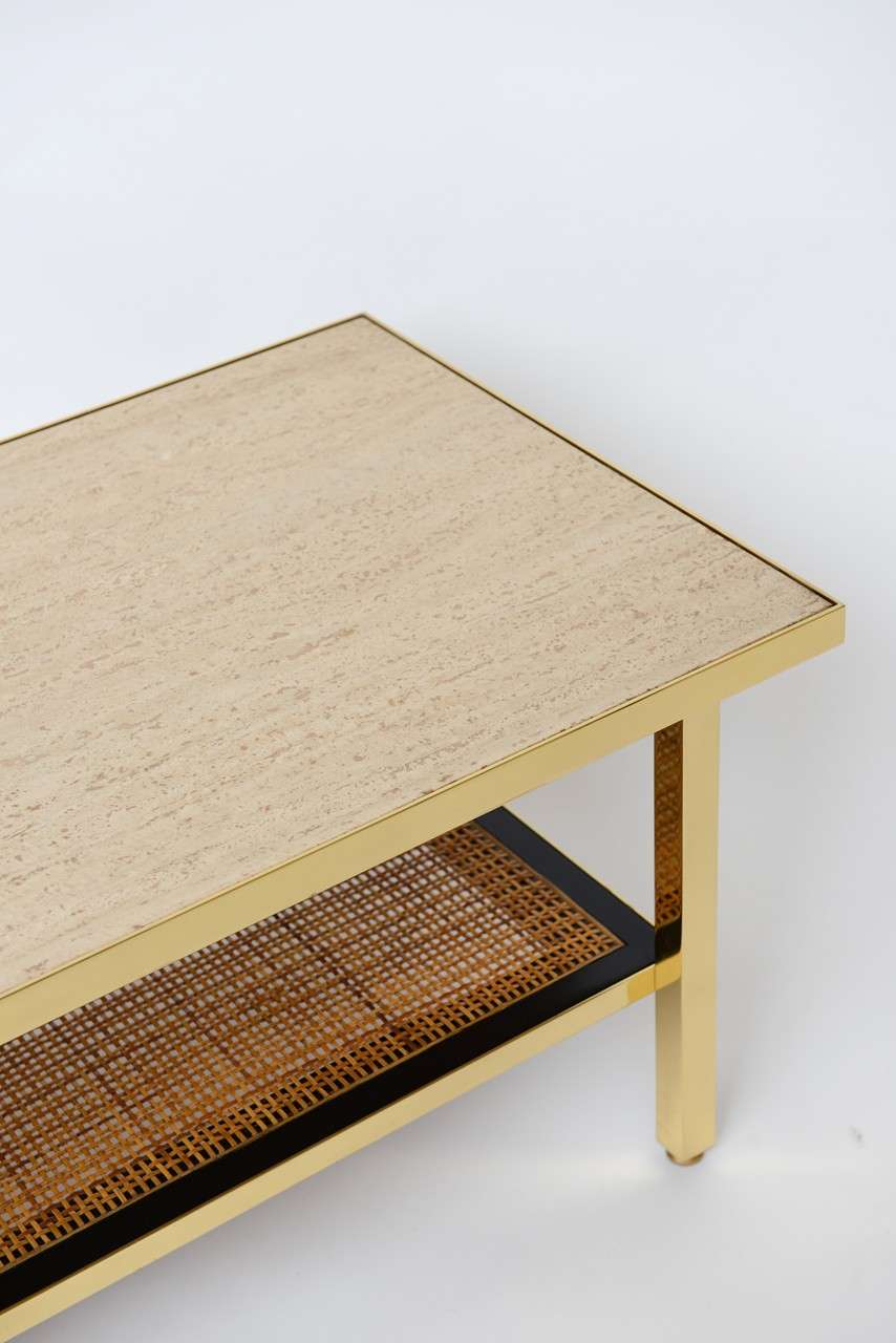 Mid-20th Century Brass, Travertine, and Rattan Coffee Table by Harvey Probber
