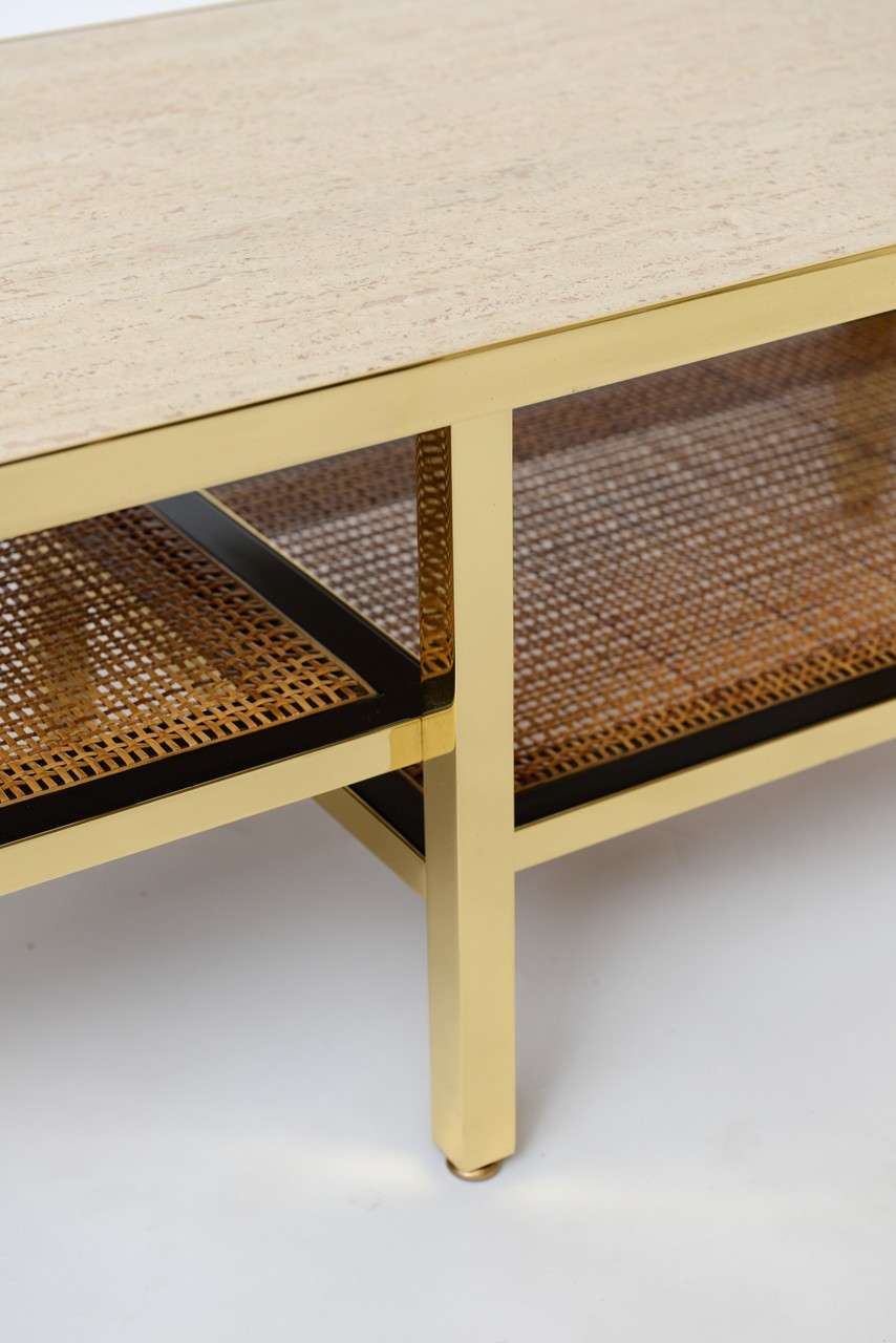 Brass, Travertine, and Rattan Coffee Table by Harvey Probber 1
