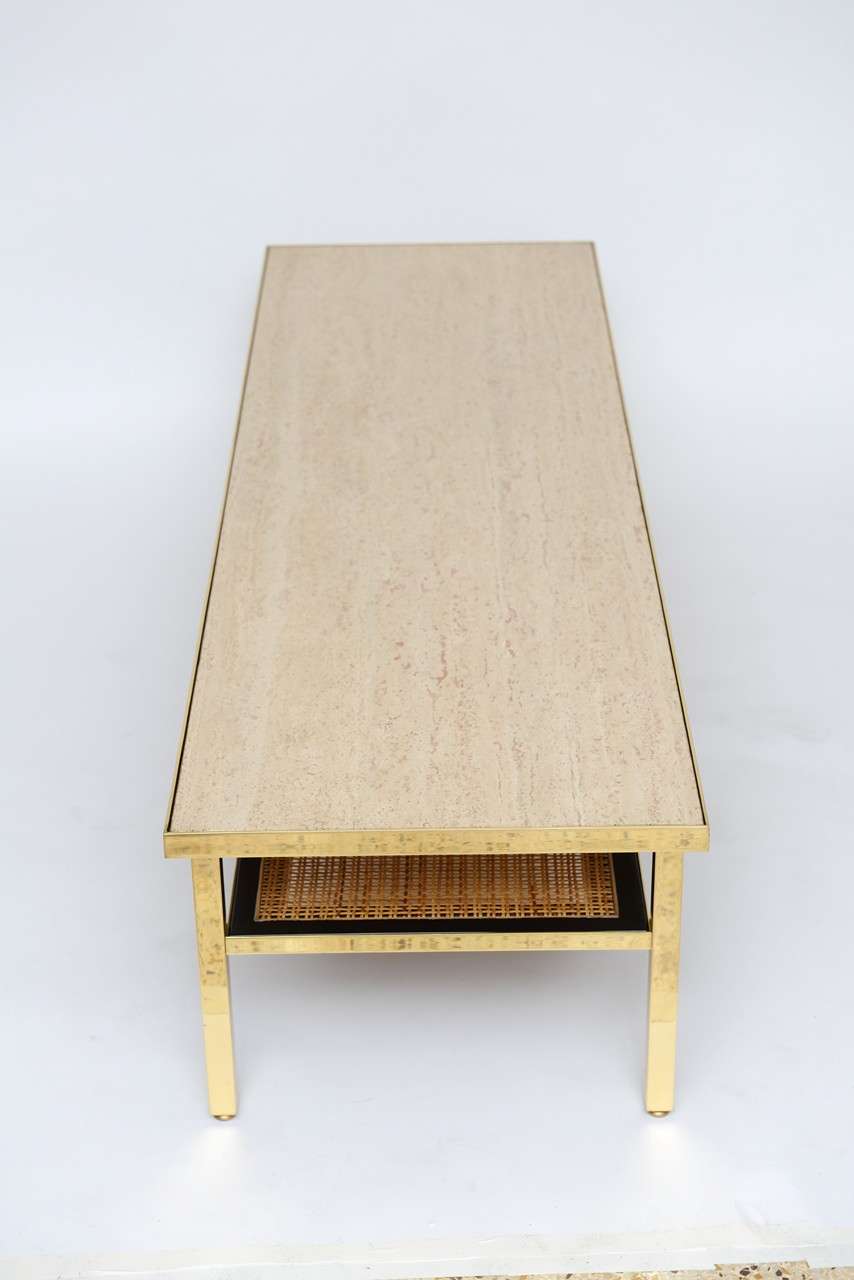 Brass, Travertine, and Rattan Coffee Table by Harvey Probber 2