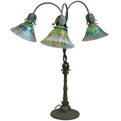 Antique Art Nouveau Lamp with Three Hand Blown Shades