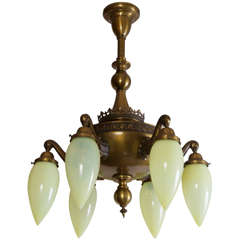 Edwardian Six Arm Chandelier with Original Vaseline Torpedo Glass Shades