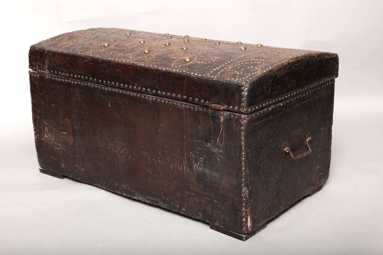 18th Century and Earlier Early 18th Century Studded Leather Traveling Chest