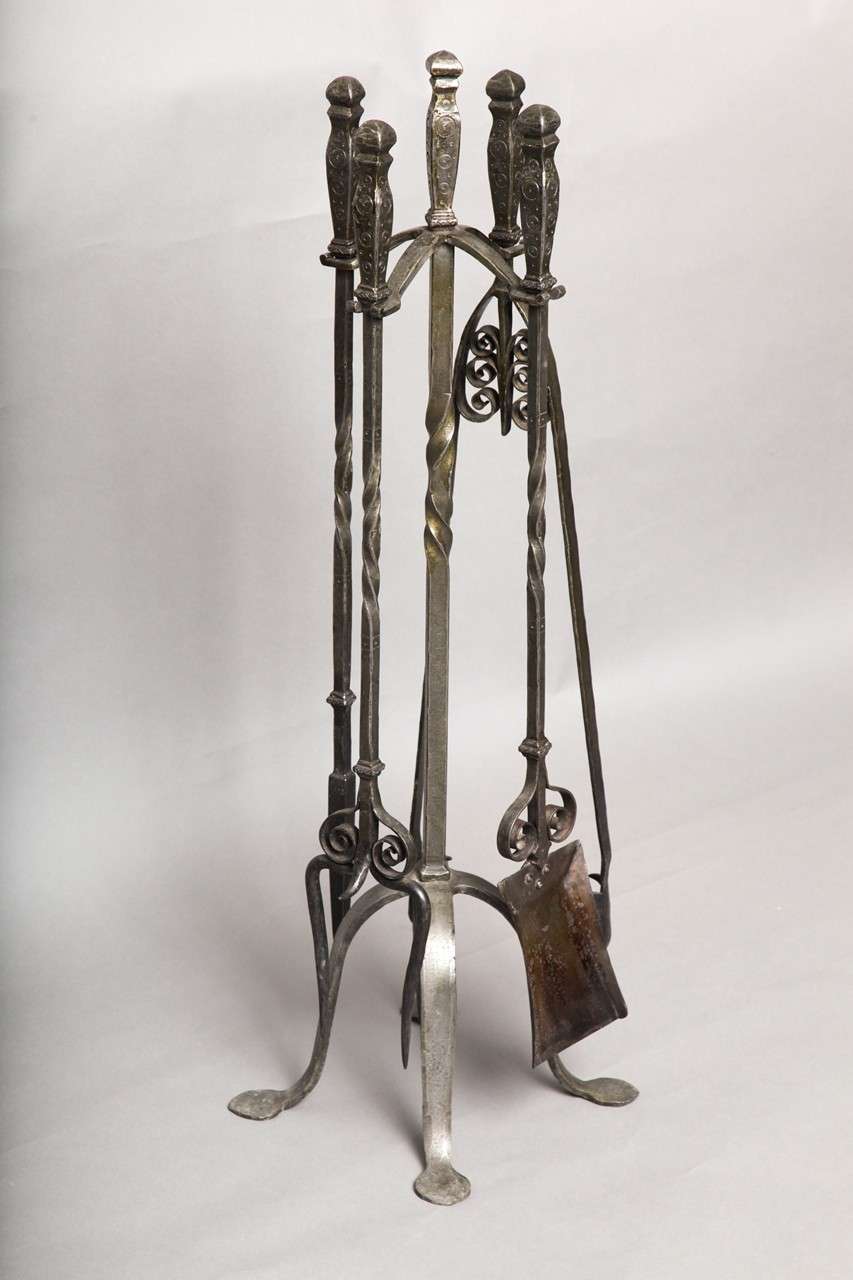 Set of Wrought Iron Arts and Crafts Fire Tools and Stand