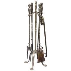 Set of Wrought Iron Arts and Crafts Fire Tools and Stand
