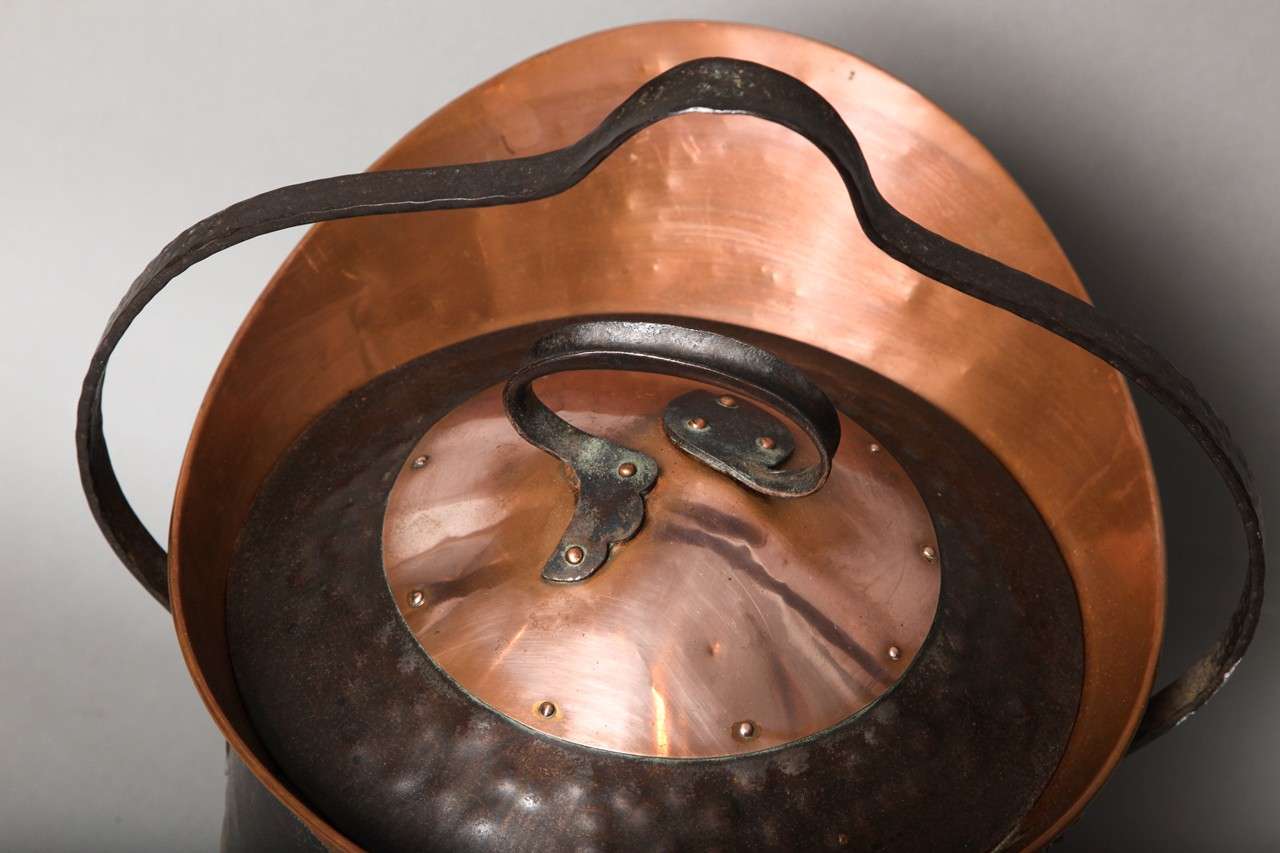 Arts and Crafts Copper and Iron Lidded Coal Scuttle For Sale