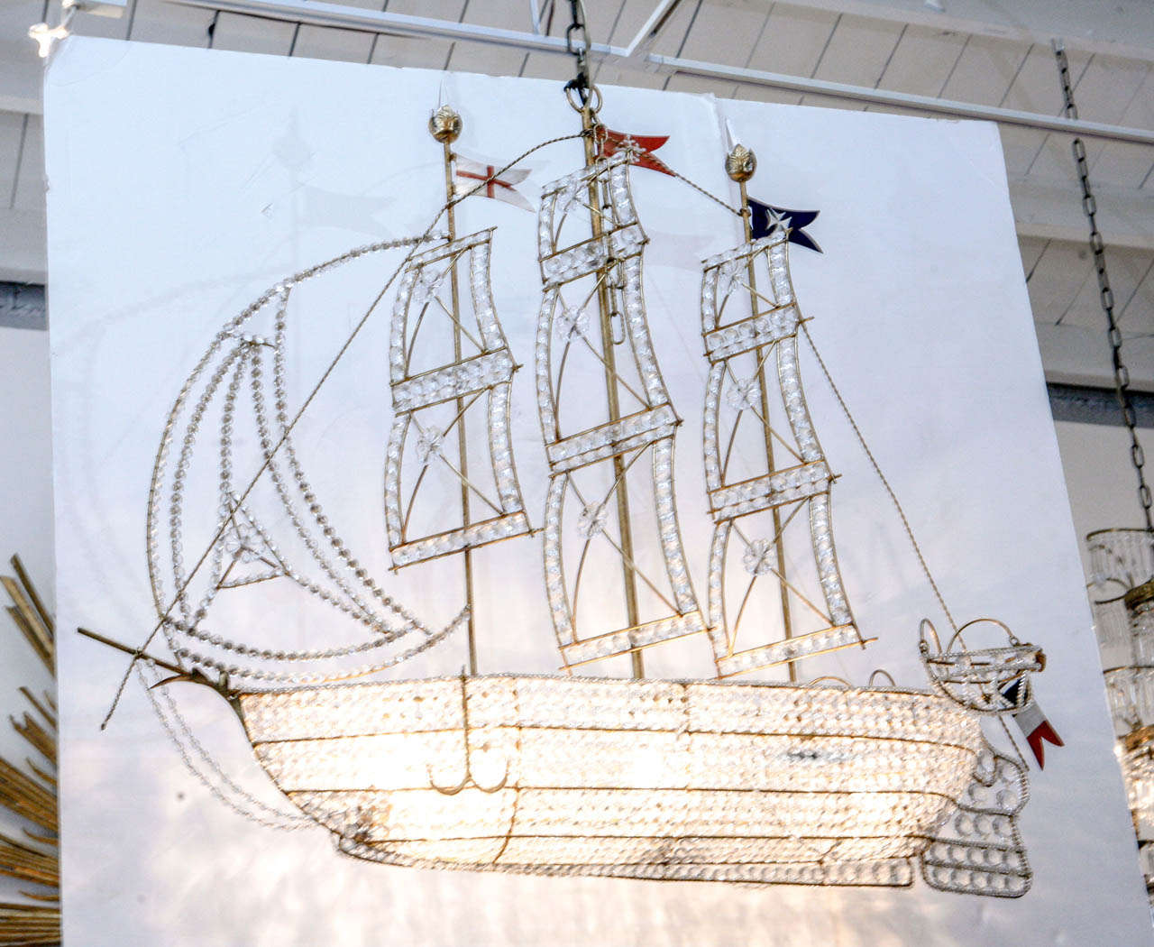 Large, Italian, hand-beaded, five-light, three-mast, ship chandelier from Naples.