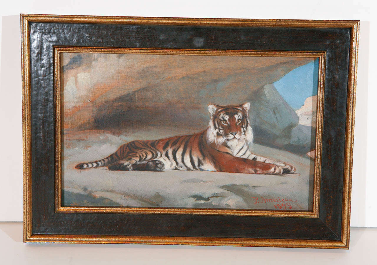 Signed and dated, oil-on-canvas painting of a recumbent tiger by noted Brazilian artist, Pedro Americo (1843-1905)