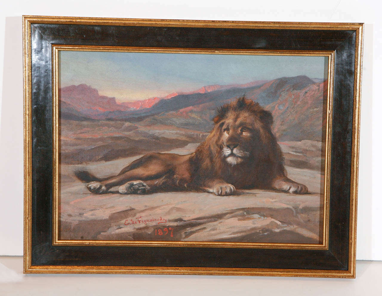Original, signed and dated, oil-on-board painting of a recumbent lion by noted Brazilian artist, Pedro Américo de Figueiredo e Melo (1843-1905)