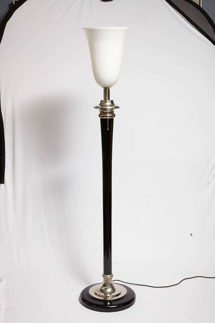 Black lacquered wooden Mazda lamp with white opaline glass.