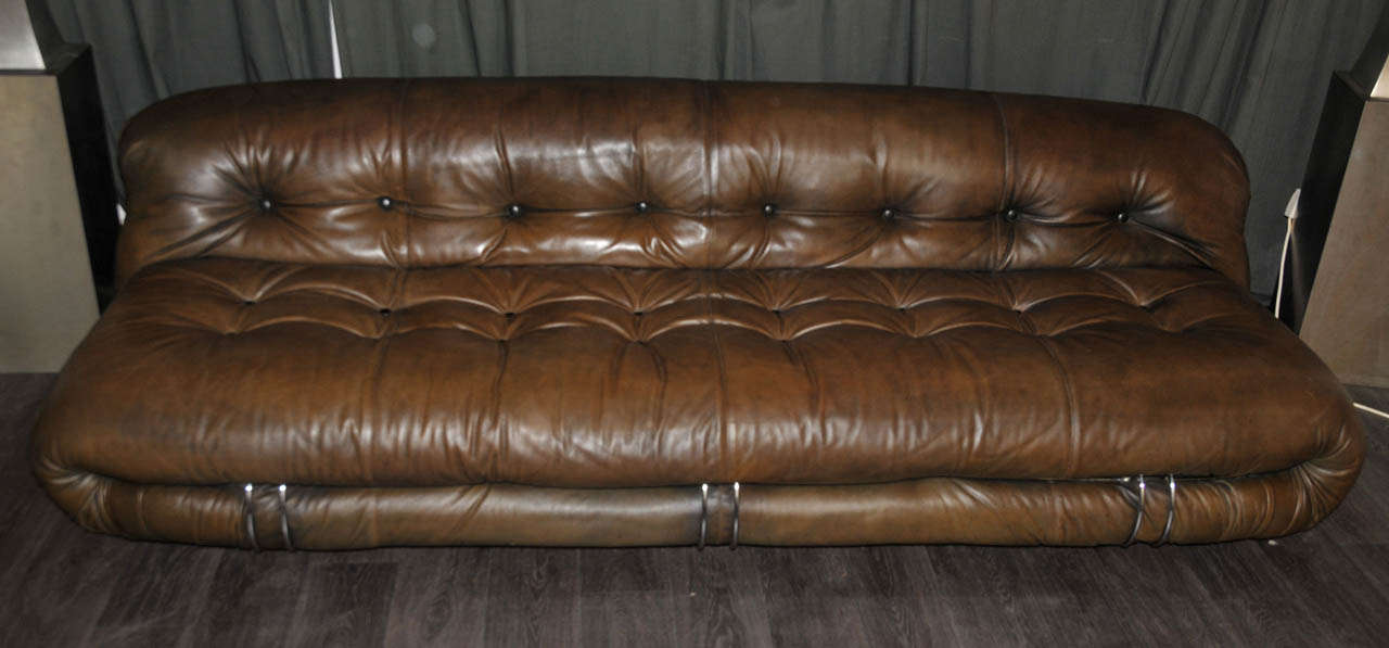French 1970's Tan Brown Leather Sofa by Tobia Scarpa For Sale