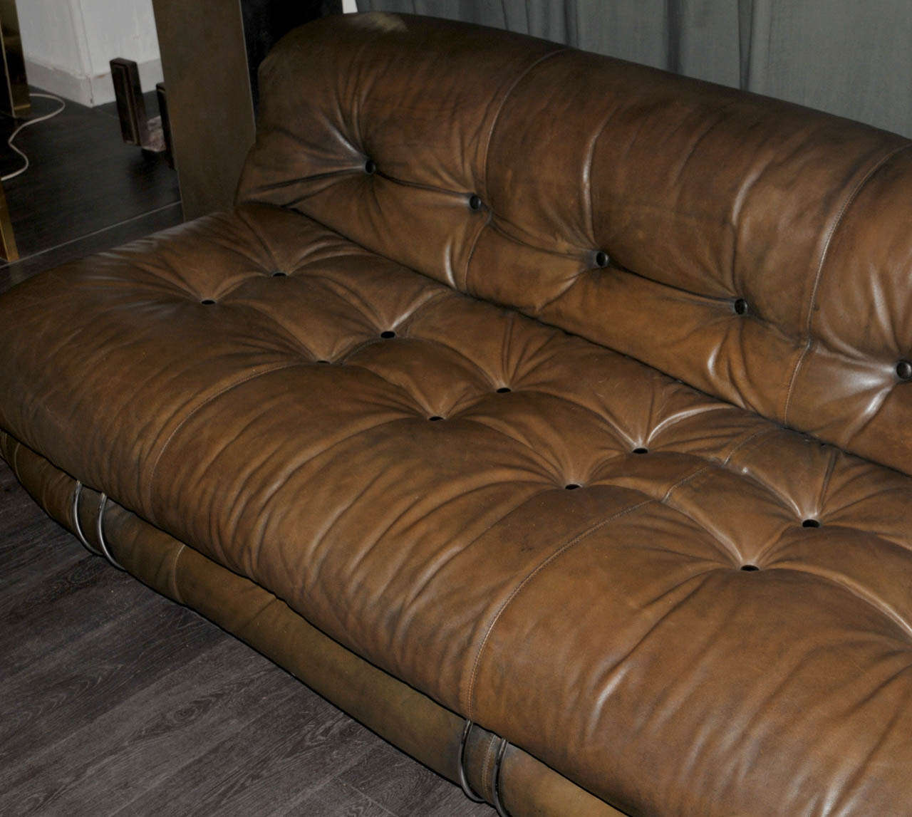 Chrome 1970's Tan Brown Leather Sofa by Tobia Scarpa For Sale