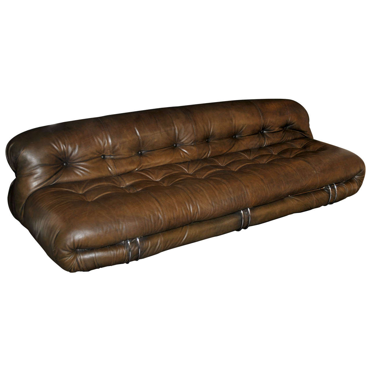 1970's Tan Brown Leather Sofa by Tobia Scarpa For Sale