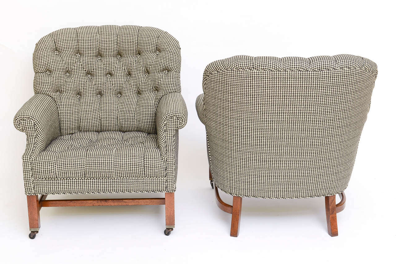 American Beefy Edwardian Style  Button Tufted Club Chairs in Houndstooth