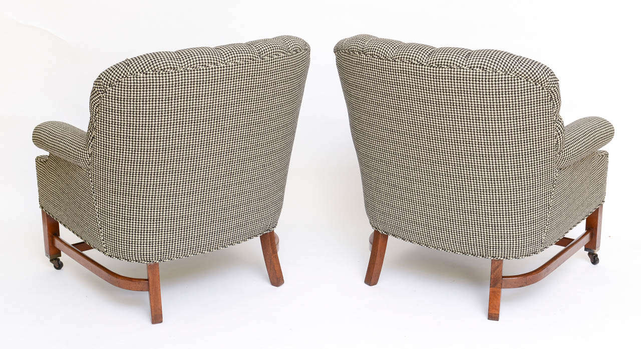 Mid-20th Century Beefy Edwardian Style  Button Tufted Club Chairs in Houndstooth